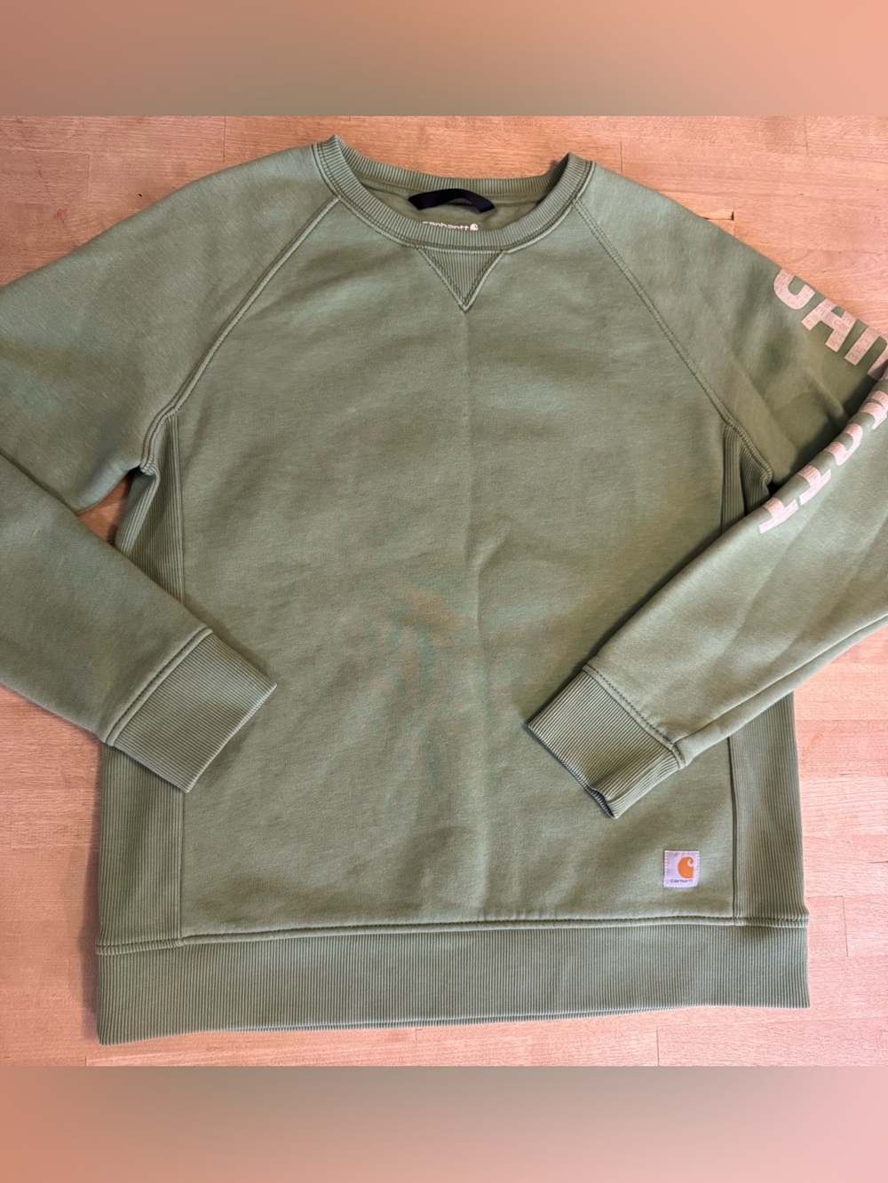 Carhartt sage Green Pullover Crewneck Sweatshirt with Sleeve Logo
